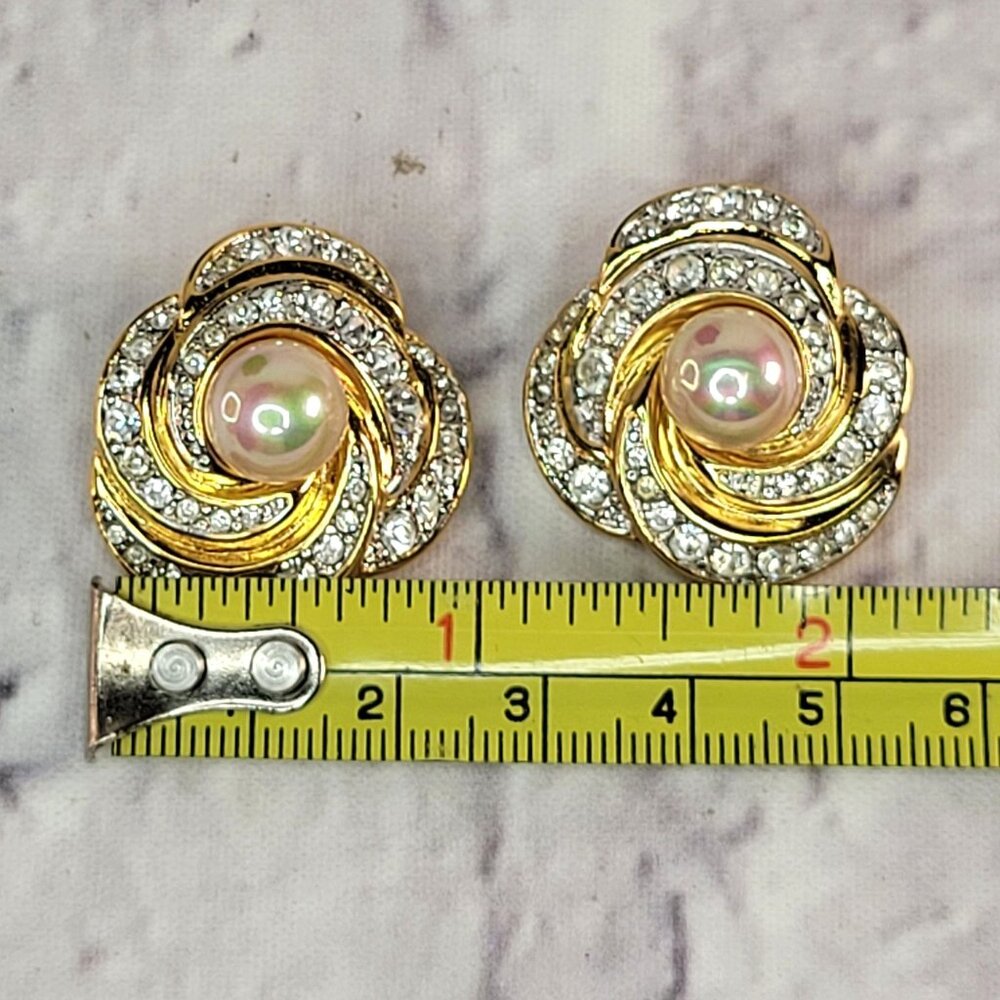 Signed Nolan Miller Faux Pearl & Rhinestone Clip On Earrings Vintage Mint - Picture 4 of 6